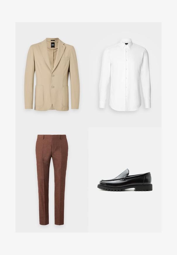 Blazer beige con un tejido texturizado. Presenta solapa de pico, dos botones, un bolsillo en el pecho y dos bolsillos frontales de parche.; Camisa blanca de manga larga, con cierre de botones en el frente, cuello clásico, confeccionada con una tela suave con una textura sutil, diseñada para un ajuste entallado.; Pantalones de lino marrones con un acabado texturado, presentan un diseño de corte slim, pliegues frontales cosidos y dos bolsillos laterales.; Mocasín de cuero negro con suela de goma gruesa, empeine cosido y nombre de la marca en relieve en el talón, mostrado en perfil lateral sobre fondo blanco.