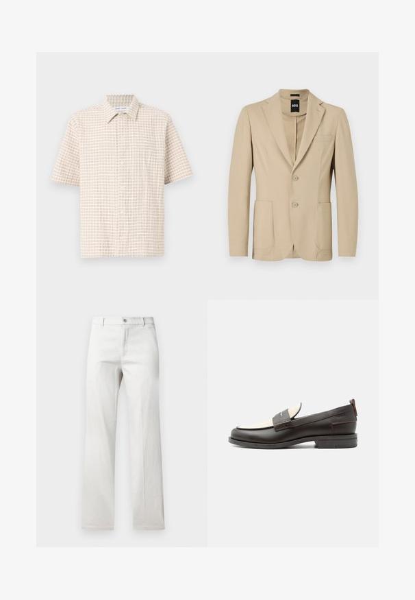 Blazer beige en tissu texturé. Il présente un col cranté, deux boutons, une poche poitrine et deux poches plaquées à l'avant.; Chemise à manches courtes de couleur beige clair, ornée d'un motif en grille de couleur marron doux, avec des boutons à l'avant et un col classique. Texture du tissu lisse.; Pantalon gris clair avec une coupe droite, fabriqué dans un tissu lisse, doté d'une fermeture à bouton à l'avant et de poches latérales.; Mocassin homme en cuir marron foncé avec panneau en tissu écru et détail classique de bride cousue, semelle plate et languette au talon.