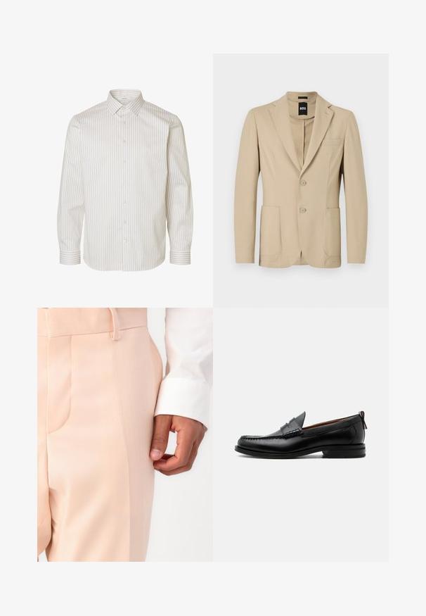 Beige Blazer aus strukturiertem Stoff. Verfügt über einen Reverskragen, zwei Knöpfe, eine Brusttasche und zwei aufgesetzte Taschen vorne.; Weißes Hemd mit langen Ärmeln und beigen vertikalen Streifen, Knopfleiste vorne, spitzem Kragen und geknöpften Manschetten.; Helle rosa maßgeschneiderte Hosen mit glatter Textur, ausgestattet mit einer Seitentasche und einem Gürtelloop, kombiniert mit einem weißen Hemdärmel.; Schwarzer Leder-Herrenschuh mit Mokassinnaht, Penny-Riemen, strukturiertem Kragen und niedrigem gestapeltem Absatz auf weißem Hintergrund.