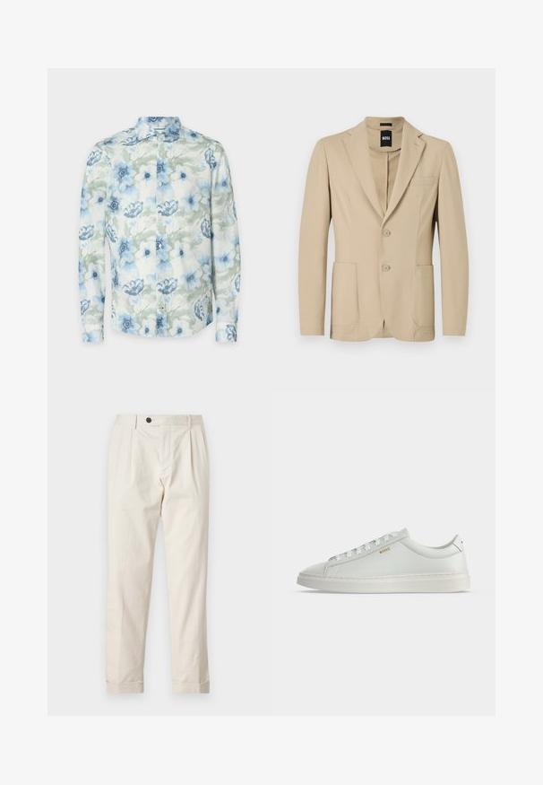Blazer beige en tissu texturé. Il présente un col cranté, deux boutons, une poche poitrine et deux poches plaquées à l'avant.; Chemise à manches longues en tissu léger, ornée de fleurs aquarelles bleu et vert, avec des boutons et un col classique.; Pantalons crème avec une coupe ajustée, présentant une fermeture à un bouton, un devant plissé et des ourlets à revers. Fabriqués en tissu léger.; Baskets basses blanches en cuir avec lacets, semelle plate et petit logo doré "BOSS" sur le côté, vues de l'extérieur.