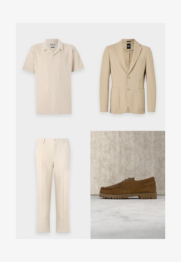 Beige Blazer aus strukturiertem Stoff. Verfügt über einen Reverskragen, zwei Knöpfe, eine Brusttasche und zwei aufgesetzte Taschen vorne.; Beige Kurzarmhemd aus weichem Stoff mit Knopfleiste, klassischem Kragen und subtiler Textur.; Beige maßgeschneiderte Hose aus strukturiertem Stoff mit Reißverschluss, zwei Fronttaschen und einem schlanken, geraden Schnitt.; Brauner Wildleder-Schnürschuh mit dicker, geriffelter Sohle, der über einem beigen Teppich schwebt, im Hintergrund ein brauner ovaler Tisch.