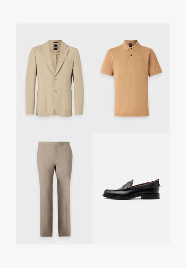 Blazer beige con un tejido texturizado. Presenta solapa de pico, dos botones, un bolsillo en el pecho y dos bolsillos frontales de parche.; Polo de manga corta tan hecho de tela texturizada, con una tapeta de tres botones, un cuello puntiagudo y un logo sutil en el pecho.; Pantalones beige a medida con una textura suave, diseño de pierna recta, un sutil patrón de cuadro y frente plano. Incluye dos bolsillos traseros.; Mocasín de hombre de piel negra con costura moc toe, tira penny, cuello texturizado y tacón bajo apilado sobre fondo blanco.