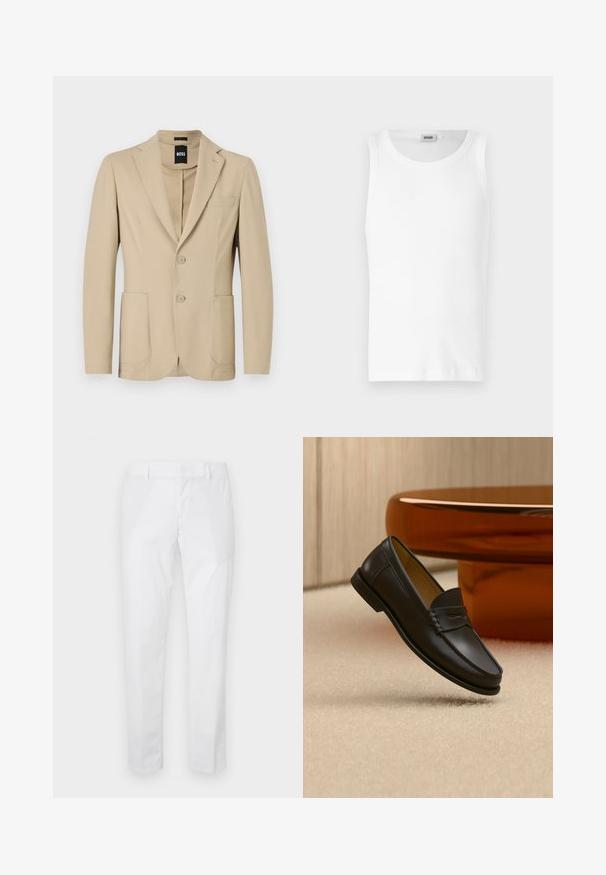 Beige Blazer aus strukturiertem Stoff. Verfügt über einen Reverskragen, zwei Knöpfe, eine Brusttasche und zwei aufgesetzte Taschen vorne.; Weißes Baumwoll-Tanktop ohne Ärmel mit Rundhalsausschnitt und glatter Textur. Einfaches Design, ohne Muster oder Akzente.; Weiße Slim-Fit-Hose mit Gürtelschlaufen und Seitentaschen, flach auf hellem Hintergrund ausgelegt.; Schwarzer Leder-Loafer, der über einem hellbeigen Teppich schwebt, mit bernsteinfarbenen modernen Möbeln im Hintergrund.