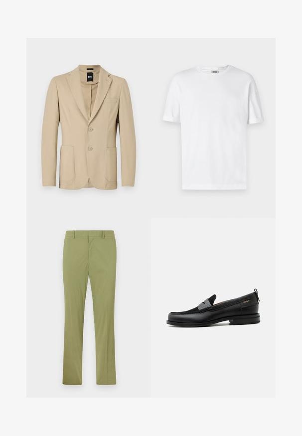 Beige Blazer aus strukturiertem Stoff. Verfügt über einen Reverskragen, zwei Knöpfe, eine Brusttasche und zwei aufgesetzte Taschen vorne.; Weißes Baumwoll-T-Shirt mit Rundhalsausschnitt, kurzen Ärmeln und umgeschlagenen Bündchen; schlichtes Design, weiche Textur und gerade geschnitten.; Slim-fit olivgrüne Hose mit Gürtelschlaufen, Frontreißverschluss und geraden Beinen, flach auf hellem Hintergrund liegend.; Schwarzer Lederloafer mit grauem Riemendetail, niedrigem Absatz und strukturierter Sohle, seitlich mit „HUGO“ in Gold gebrandmarkt.