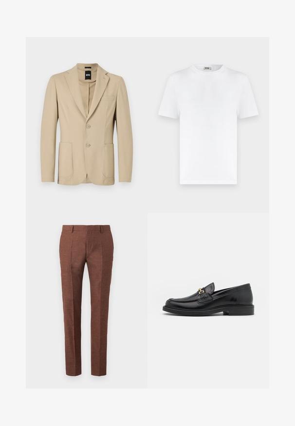 Beige Blazer aus strukturiertem Stoff. Verfügt über einen Reverskragen, zwei Knöpfe, eine Brusttasche und zwei aufgesetzte Taschen vorne.; Weißes T-Shirt mit kurzen Ärmeln, Rundhalsausschnitt und Rippenstruktur sowie einem kleinen Nackenetikett mit der Aufschrift "DRYKORN" vor schlichtem hellem Hintergrund.; Braune Leinenhosen mit strukturierter Oberfläche, haben ein schlankes Design, gestickte Vorderfalten und zwei seitliche Taschen.; Schwarze Lederleter mit einer abgerundeten Zehenpartie, ausgestattet mit goldenen Hardwareakzenten und Stichdetails, auf einer niedrigen, strukturierten Gummisohle.