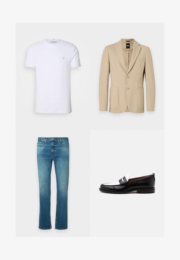Beige Blazer aus strukturiertem Stoff. Verfügt über einen Reverskragen, zwei Knöpfe, eine Brusttasche und zwei aufgesetzte Taschen vorne.; Weißes Baumwoll-T-Shirt mit kurzen Ärmeln, das ein kleines orangefarbenes "II"-Logo auf der linken Brust und einen Rundhalsausschnitt aufweist. Einfaches Design und Textur.; Blaue Jeans aus Denim mit geradem Schnitt, ausgestattet mit einem leichten Verwaschungseffekt, leichten Abnutzungen an den Knien und klassischem Fünf-Taschen-Design.; Schwarz-weißer Lederloafer mit genähten Details, niedrigem Absatz und einem Slip-On-Design, seitlich auf neutralem Hintergrund gezeigt.