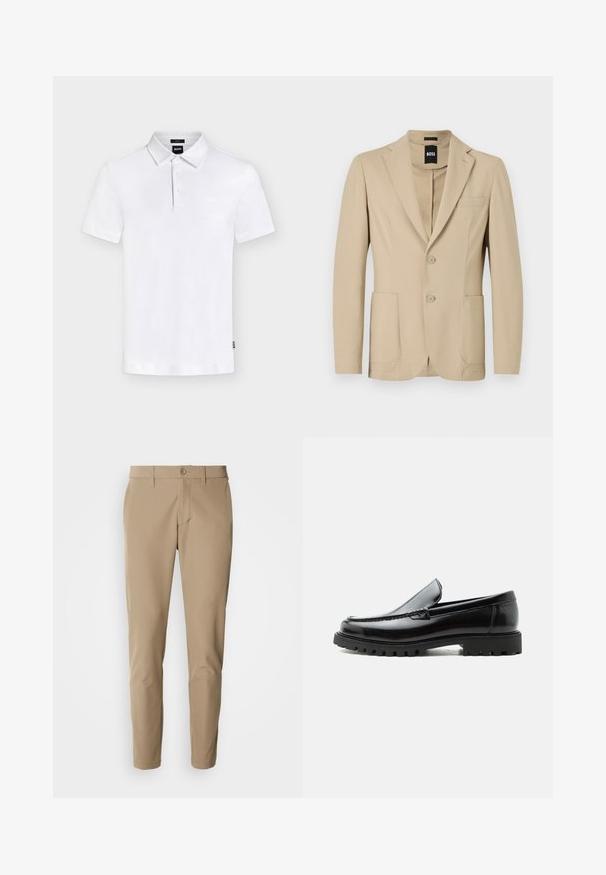 Beige blazer van een geweven stof. Bevat een notch revers, twee knopen, een borstzak en twee voorste opgestikte zakken.; Wit poloshirt met korte mouwen, kraag en drie knopen, met een subtiel "BOSS"-logo op de borst en een klein label aan de zijkant.; Beige broek van gladde stof met een rechte snit, voorzien van een knoopsluiting en voorzakken, en inclusief riemlussen.; Zwarte leren loafer met dikke rubberen zool, gestikte bovenkant en gegraveerde merknaam op de hiel, zijaanzicht op witte achtergrond.