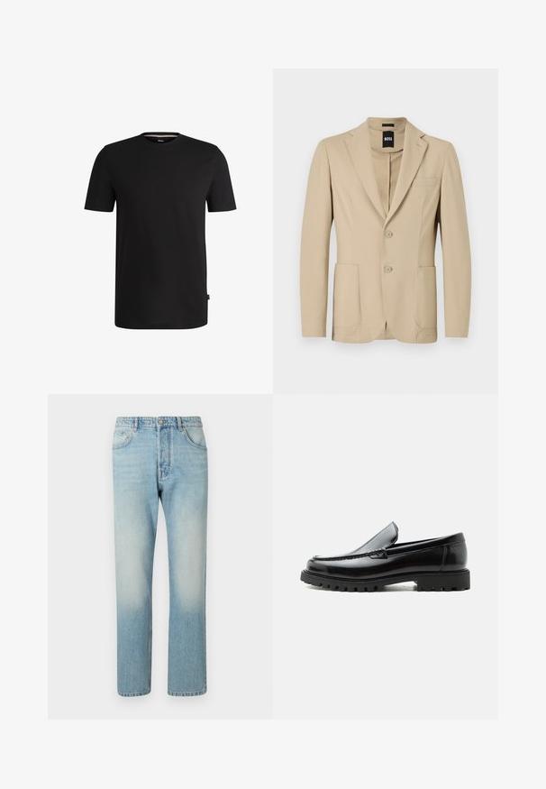 Beige blazer med struktureret stof. Har en notch lapel, to knapper, en brystlomme og to forreste påsydede lommer.; Sort kortærmet t-shirt lavet af glat bomuld med rund halsudskæring. Har et diskret mærke på venstre side nær kanten.; Lyseblå jeans lavet af denim, med et lige ben-design, fem lomme-struktur og falmet vaskeffekt ved lårene.; Sort læderloafer med chunky gummisål, syet overdel og præget mærkenavn på hælen, vist i sideprofil på hvid baggrund.