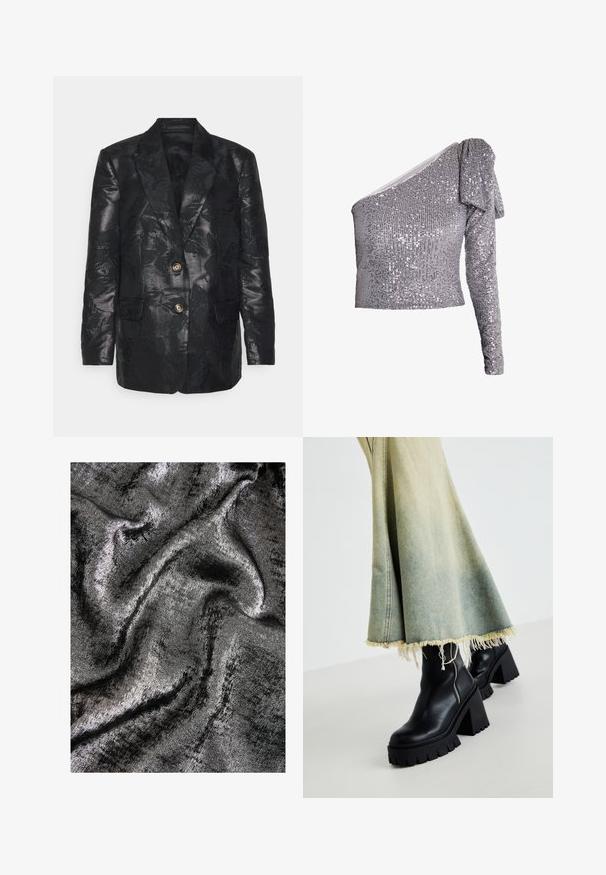 Schwarze Jacke mit floralem Jacquardmuster, zwei goldenen Knöpfen, Reverskragen und zwei Fronttaschen, glatte Textur mit glänzendem Finish.; Silberne One-Shoulder-Bluse mit strukturierten Pailletten, tailliertem Design und Rüschendetails an den Ärmeln. Glatte Stoffoberfläche mit schimmerndem Finish.; Schwarzer und silberner strukturierten Stoff mit schimmerndem Finish, der glatte, fließende Wellen und einen subtilen Glanz aufweist.; Schwarze Leder-Ankle-Boots mit einer groben strukturierten Sohle, kombiniert mit einem verwaschenen Jeansrock mit fransigen Kanten. Reißverschlussdetail an der Seite.