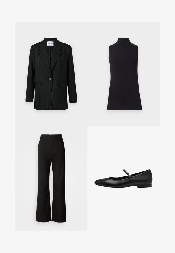 Sort blazer i lidt struktureret stof med enkelt knappelukning, spidse klapper og to forlommer. Lodrette nålestriber er synlige.; Sort ærmeløs turtleneck top, lavet af glat stof. Figurtilpasset design med høj hals og lige kant, minimalistisk og ensfarvet.; Sorte bukser med bred benvidde, glat tekstur, høj talje og et enkelt design. Ingen synlige lommer eller udsmykninger.; Sorte læder balletflade med rund tå, en enkelt rem over vristen og en lav, rektangulær hæl. Glat tekstur.