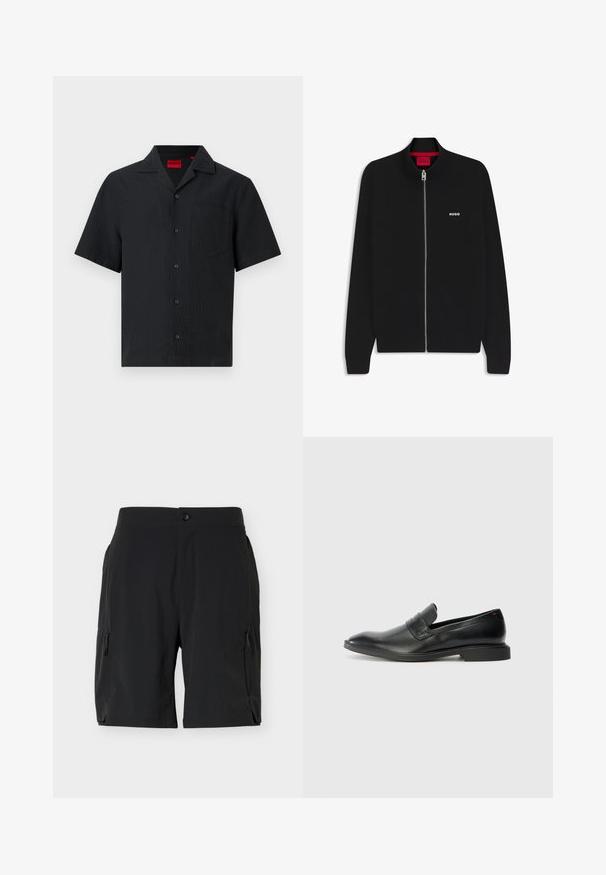 Pull noir zippé avec col et poignets côtelés, petit logo blanc "HUGO" sur la poitrine gauche et étiquette rouge au col.; Chemise noire à manches courtes avec boutons, col pointu et poche poitrine, en tissu subtilement texturé avec une étiquette intérieure rouge.; Shorts noirs mi-cuisses avec poches zippées latérales et fermeture par bouton à la taille, présentés sur un fond blanc uni.; Mocassins en cuir noir avec une texture lisse, un nez pointu et un petit talon rectangulaire. Présente un détail de bande horizontale sur le dessus.