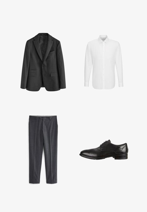 Charcoal-grauer Blazer aus strukturiertem Stoff, ausgestattet mit einem Reverskragen, zwei Fronttaschen und einem Ein-Knopf-Verschluss. Das Innenfutter hat ein gemustertes Design.; Weißes langärmeliges Hemd mit durchgehender Knopfleiste und klassischem Kragen, auf einem schlichten weißen Hintergrund dargestellt.; Graue maßgeschneiderte Hose mit strukturiertem Muster, zwei vorderen Taschen, Gürtelschlaufen und einem einzigen Knopfverschluss an der Taille.; Schwarze Leder-Dressschuhe mit glatter Oberfläche, runder Zehenform, Schnürdesign und niedrigem, gestapeltem Absatz. Dezente Nähte sind sichtbar.
