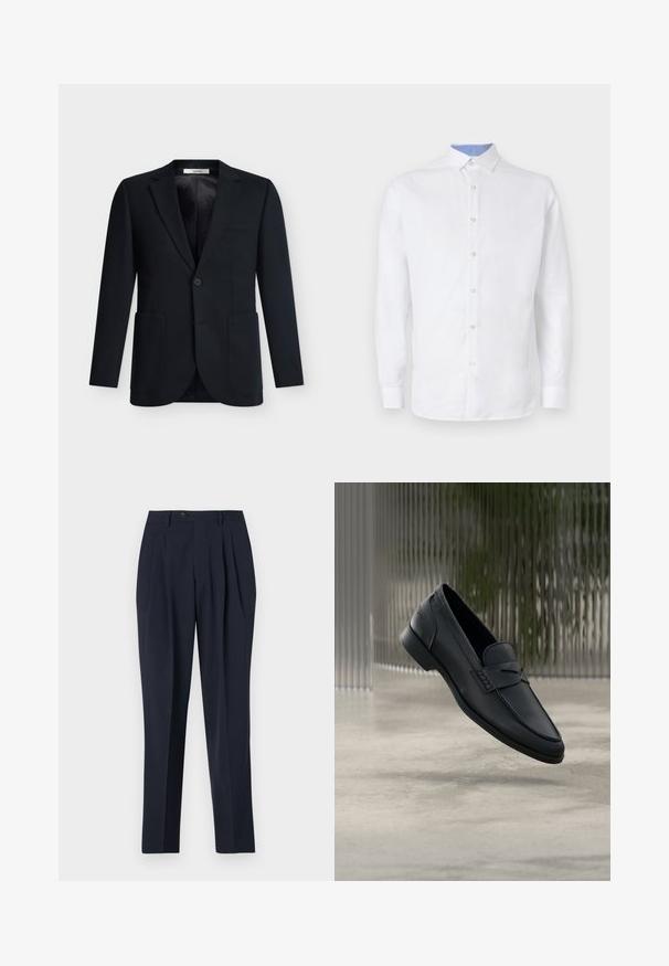Blazer negro de un solo botón con dos bolsillos delanteros de parche, cierre de un botón, solapa con muesca y forro interior liso.; Camisa blanca de manga larga con botones al frente, con un patrón a cuadros azul claro en el interior del cuello y los puños. Textura de tela suave.; Pantalones de marine con cintura alta, frente plisado y cierre de botón único. La tela parece suave con un ajuste entallado y un diseño de pierna recta.; Zapato tipo mocasín de cuero negro con acabado liso, punta puntiaguda y detalles cosidos en la pala. Tacón bajo y diseño minimalista.