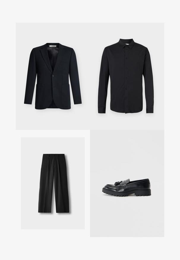 Blazer noir à simple boutonnage avec deux poches plaquées devant, fermeture par un bouton, col cranté et doublure intérieure lisse.; Chemise noire à manches longues avec col, boutons sur le devant, et tissu lisse à finition mate. Aucun motif ni accent visible.; Pantalon large noir taille haute avec plis à l'avant, poches latérales, passants pour ceinture et fermeture par bouton sur fond gris clair.; Mocassins en cuir noir avec une finition brillante, semelle en caoutchouc épaisse et détail de frange décoratif à l'avant.