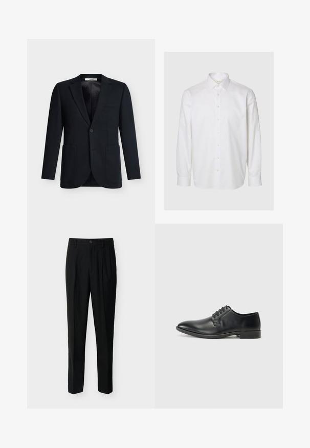Blazer noir à simple boutonnage avec deux poches plaquées devant, fermeture par un bouton, col cranté et doublure intérieure lisse.; Chemise blanche à manches longues en coton, dotée d'un col classique, d'une patte de boutonnage à l'avant et de poignets boutonnés. Texture lisse sans motifs visibles.; Pantalon noir taille haute, ajusté, avec passants de ceinture, plis à l'avant, poches latérales et fermeture boutonnée avec zip.; Chaussure habillée en cuir noir à surface lisse, design à lacets, bout pointu et semelle en caoutchouc profilée basse. Forme et détails minimalistes.