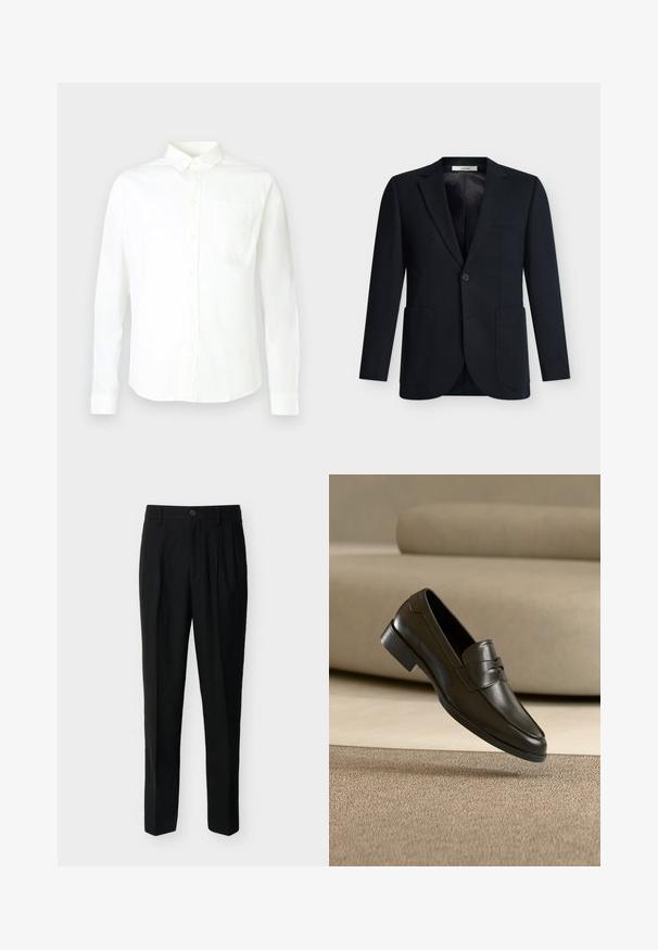 Blazer noir à simple boutonnage avec deux poches plaquées devant, fermeture par un bouton, col cranté et doublure intérieure lisse.; Chemise blanche à manches longues avec boutons, en coton, dotée d'un col pointu et d'une poche unique sur le côté gauche de la poitrine. Texture lisse.; Pantalon noir taille haute, ajusté, avec passants de ceinture, plis à l'avant, poches latérales et fermeture boutonnée avec zip.; Mocassin en cuir noir flottant au-dessus d'un tapis beige avec un canapé beige en arrière-plan, mettant en valeur le design classique pour hommes sans lacets.