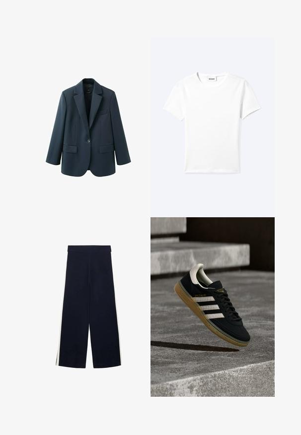 Mørkeblå blazer med en knap, hak-lapel, to frontlommer med klap og en brystlomme, vist på en hvid baggrund.; Ensfarvet hvid t-shirt med korte ærmer og rund halsudskæring med en lille "WEEKDAY" label indeni halskanten, vist fladt på en lys baggrund.; Mørkeblå brede bukser med høj talje og hvide side-striber, lagt fladt på en hvid baggrund.; Sort ruskindssneaker med hvide striber og gyldent logo, med en tekstureret gummisål i karamel og en kontrasterende cremefarvet hæltab.