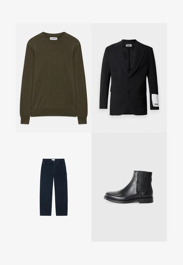 Zwart colbert van gladde stof, voorzien van een aangeknipte reverskraag, twee knopen en zijzakken. Opvallend wit label op de mouw met de tekst "DRYKORN."; Donkergroene sweater met lange mouwen en geribbelde manchetten en onderkant. Gemaakt van zacht materiaal, met een klassieke ronde hals en een minimalistisch ontwerp.; Zwarte rechte broek met voor- en achterzakken, riemlussen en een zijlus voor gereedschap, plat gelegd op een witte achtergrond.; Zwarte leren enkellaarsjes met elastische zijpanelen, een gladde afwerking, ronde neus en een lage blokhak.