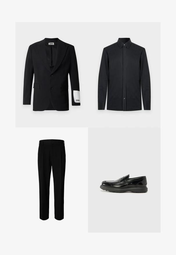 Schwarzer Blazer aus glattem Stoff, ausgestattet mit einem Revers mit Einkerbung, zwei Knöpfen und Seitentaschen. Auffälliges weißes Etikett am Ärmel mit der Aufschrift "DRYKORN."; Schwarzes Langarmhemd mit spitzem Kragen, einer einzelnen Knopfleiste vorne und rechteckigen Manschetten. Hergestellt aus glattem, leichtem Stoff.; Schwarze formelle Hose mit Gürtelschlaufen, Frontknopf und Reißverschluss, vor weißem Hintergrund dargestellt.; Schwarze Lederloafer mit glanzendem Finish, abgerundetem Zehenbereich, subtilen Steppnähten und einer dicken Gummisohle für Langlebigkeit.