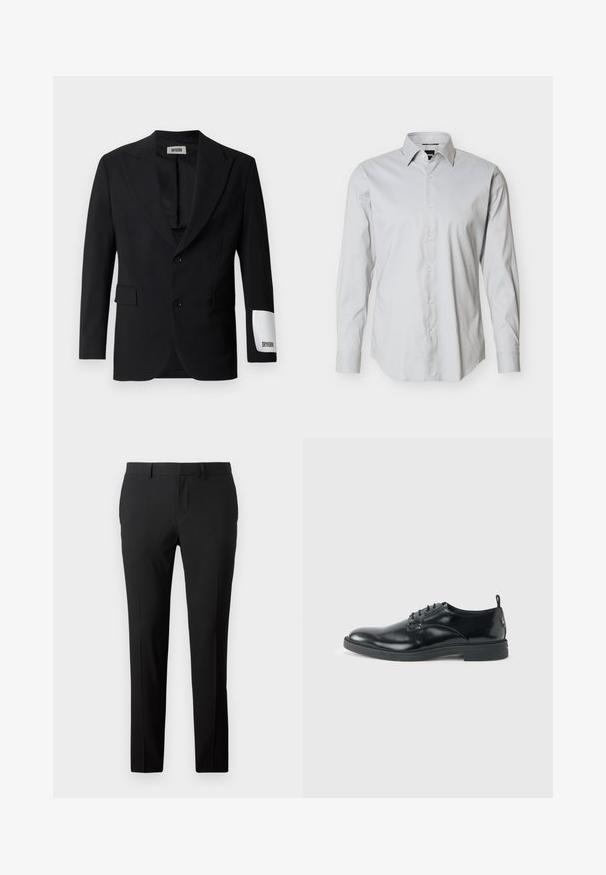 Sort blazer lavet af glat stof, med en notch slagkrave, to knapper og sidelommer. Bemærkelsesværdig hvid mærkat på ærmet med teksten "DRYKORN."; Lysegrå herreskjorte med lange ærmer, knapper foran, spids krave og manschetter med enkeltknap på ensartet hvid baggrund.; Skræddersyede sorte bukser i et glat stof. Har et lige ben-design, frontfald og bæltestropper til justerbar størrelse.; Blank sort læder dresssko med lav hæl, snørelukning og rund tå, vist fra siden på ensfarvet lys baggrund.