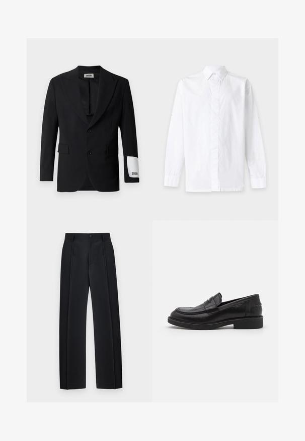 Blazer noir en tissu lisse, avec un col cranté, deux boutons et des poches latérales. Étiquette blanche notable sur la manche avec l'inscription "DRYKORN."; Chemise blanche à manches longues boutonnée avec un col classique, présentée sur un fond clair uni.; Pantalon noir ajusté à jambes droites avec plis devant, passants pour ceinture et fermeture par bouton à la taille.; Mocassins en cuir noir avec un bout arrondi, des coutures ton sur ton et un détail de sangle à l'avant. Semelle en caoutchouc avec un petit talon.