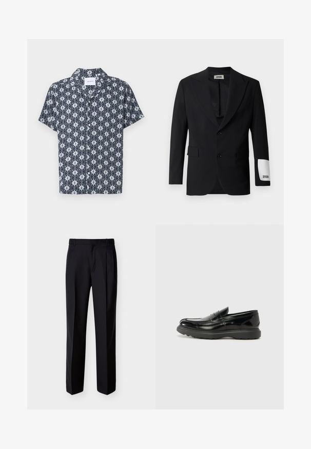 Schwarzer Blazer aus glattem Stoff, ausgestattet mit einem Revers mit Einkerbung, zwei Knöpfen und Seitentaschen. Auffälliges weißes Etikett am Ärmel mit der Aufschrift "DRYKORN."; Kurzarmhemd aus navyblauem Stoff mit einem weißen und hellblauen aufwendigen Muster, mit Knopfverschluss und Kragen.; Schwarze, maßgeschneiderte Hose mit geradem Schnitt, Falten vorne und seitlichen Taschen. Hergestellt aus einem glatten, leichten Stoff mit einfarbigem Muster.; Schwarze Lederloafer mit glanzendem Finish, abgerundetem Zehenbereich, subtilen Steppnähten und einer dicken Gummisohle für Langlebigkeit.