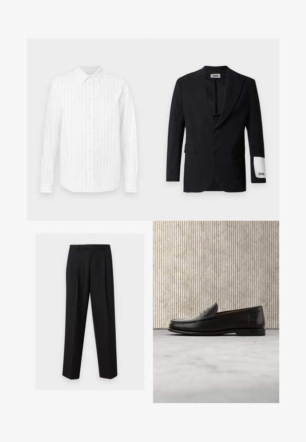 Blazer noir en tissu lisse, avec un col cranté, deux boutons et des poches latérales. Étiquette blanche notable sur la manche avec l'inscription "DRYKORN."; Chemise blanche à manches longues avec des rayures verticales grises, col boutonné, boutons sur le devant et manches à poignets. Texture de tissu lisse.; Pantalon noir sur mesure avec jambes droites, plis à la taille, passants de ceinture et poches latérales fendues, présenté sur un fond uni.; Mocassin penny en cuir noir avec talon bas, bout arrondi et détails cousus à l'avant et sur les côtés, présenté sur un fond neutre.