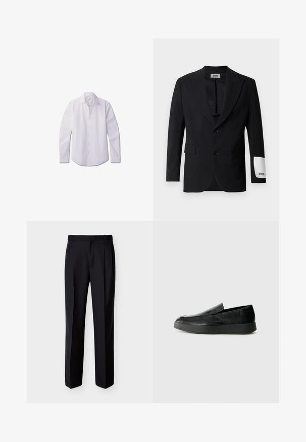 Blazer noir en tissu lisse, avec un col cranté, deux boutons et des poches latérales. Étiquette blanche notable sur la manche avec l'inscription "DRYKORN."; Chemise blanche à manches longues avec boutons, en tissu lisse, dotée d'un col classique, d'une patte de boutonnage avant et d'un ourlet arrondi.; Pantalon noir ajusté à coupe droite, avec un devant plissé et des poches latérales. Confectionné dans un tissu lisse et léger à motif uni.; Calvin Klein HYBRID CUP - Chaussons - triple black