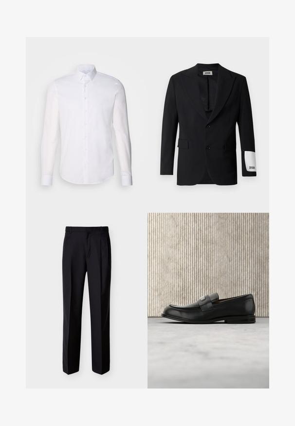 Blazer noir en tissu lisse, avec un col cranté, deux boutons et des poches latérales. Étiquette blanche notable sur la manche avec l'inscription "DRYKORN."; Chemise blanche à manches longues en coton, dotée d'un col classique, de boutons à l'avant et de détails de couture minimalistes.; Pantalon noir ajusté à coupe droite, avec un devant plissé et des poches latérales. Confectionné dans un tissu lisse et léger à motif uni.; Mocassin en cuir noir avec une plaque de marque en métal reposant près d'une table ronde marron sur un sol recouvert de moquette beige.
