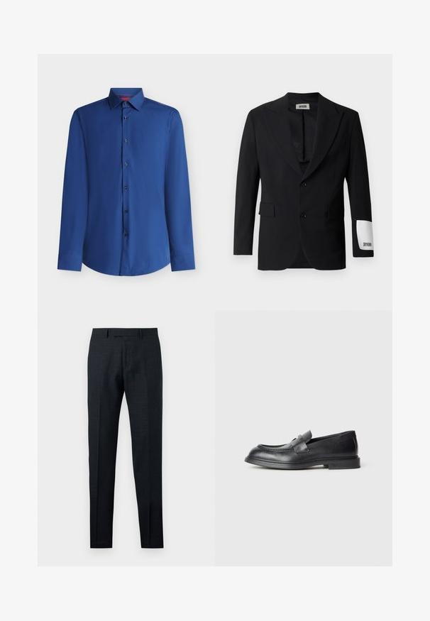 Blazer noir en tissu lisse, avec un col cranté, deux boutons et des poches latérales. Étiquette blanche notable sur la manche avec l'inscription "DRYKORN."; Chemise bleue à manches longues avec ouverture boutonnée à l'avant et col pointu, présentée sur fond blanc.; Pantalon habillé slim noir pour homme avec motif texturé subtil, passants pour ceinture et plis avant, présenté sur un fond uni.; Mocassins en cuir noir avec une finition texturée, dotés d'une bride décorative à l'avant et d'un bout arrondi. Semelle en caoutchouc pour plus de durabilité.