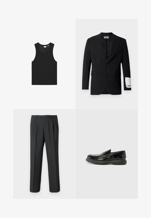 Sort blazer lavet af glat stof, med en notch slagkrave, to knapper og sidelommer. Bemærkelsesværdig hvid mærkat på ærmet med teksten "DRYKORN."; Sort tanktop med et tekstureret mønster, uden ærmer og rund halsudskæring. Fremstillet af let strikmateriale.; Sorte bukser lavet af glat stof med et lige ben-design, plisseret forside og standard linning med bæltestropper.; Sort læderloafer med en blank finish, rund tå, subtile syninger og en tyk gummisål for holdbarhed.