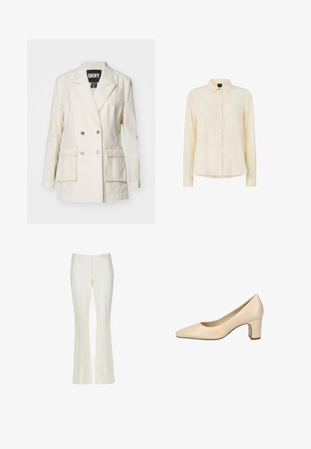 Blazer de color crema de doble botonadura con dos bolsillos frontales, botones plateados, solapas al bies y detalle de costura en contraste.; Blusa cremosa de manga larga con cuello clásico, cierre frontal con botones y puños abotonados, mostrada sobre un fondo blanco.; Pantalones acampanados blancos en una tela suave. Presenta dos bolsillos frontales y un cierre de botón en la parte delantera, con un sutil detalle de pliegues.; Zapato pump de piel beige con tacón medio, punta cuadrada redondeada y tacón bloque, presentado sobre fondo blanco.
