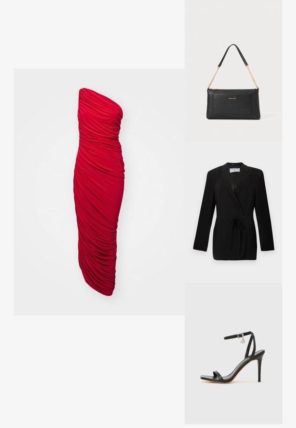 Schwarzer, maßgeschneiderter Blazer mit Taillengürtel, Revers mit Kerbe, langen Ärmeln und vorderen Leistentaschen, mit dem Etikett Filippa K.; Rotes, trägerloses Bodycon-Kleid mit gerafftem Stoff für eine rüschige Textur, langer Länge und einer eleganten Silhouette.; Schwarze High-Heel-Sandale mit schmalem Knöchelriemen, quadratischer Zehenbox, glattem Leder und metallischem Schnallenakzent.; Schwarze Ledertasche mit einer Kieseloberfläche, goldener Kettenriemen und einer Fronttasche. Auf der Vorderseite befindet sich ein goldenes Logo.