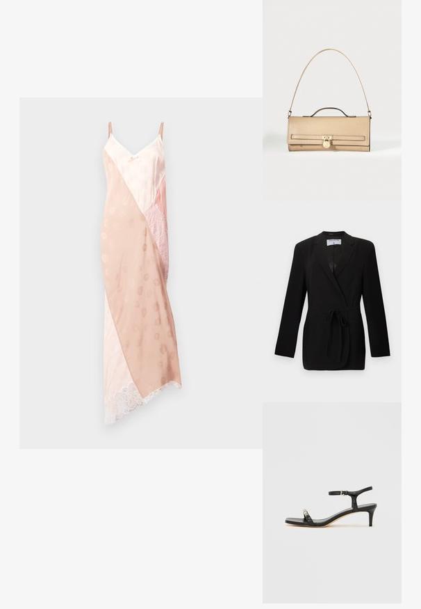 Zwarte op maat gemaakte blazer met een tailleceintuur, reverskraag, lange mouwen en voorzakken met bies, gelabeld Filippa K.; Roze kwarts slipdress met verstelbare bandjes, voorzien van een mix van gladde satijn- en kanttexturen, een diagonaal kleurblokontwerp en kantafwerking.; Zwarte leren sandaal met hak, enkelbandje, open neus, vierkante voorkant en zilverkleurige accenten. Gesloten ontwerp met een slank profiel.; Beige leren clutch met een dunne gouden kettingriem, bovenhandvat en gouden slotdetail aan de voorkant op een effen witte achtergrond.