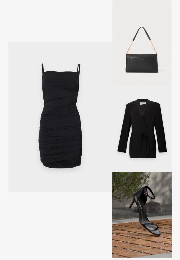 Blazer noir cintré avec ceinture à la taille, revers à cran, manches longues et poches passepoilées à l'avant, étiqueté Filippa K.; Robe noire sans manches en tissu extensible, dotée d'un design froncé sur toute la surface, avec des bretelles spaghetti réglables et une silhouette ajustée.; Sandale noire à talon haut avec sangle à la cheville, suspendue au-dessus d'un sol en carreaux de bois à l'extérieur, avec un arrière-plan flou de verdure et de pierre.; Pochette en cuir noir avec une texture en relief, bandoulière en chaîne dorée et une poche avant. Elle arbore un logo doré sur le devant.