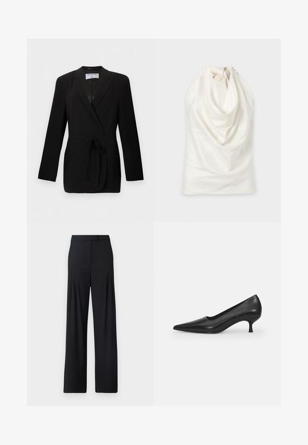 Blazer negro a medida con cinturón en la cintura, solapas con muesca, manga larga y bolsillos frontales de ojal, con la etiqueta Filippa K.; Top halter blanco sin mangas con escote drapeado y detalle de tela recogida, colocado plano sobre un fondo claro.; Pantalones de pierna ancha negros con frente plano, pliegues y cinturilla ajustada. Fabricados con una tela suave y ligera.; Zapato de tacón alto de cuero negro con punta afilada, diseño curvado y un tacón delgado de 5 cm. Textura suave con mínimas decoraciones.