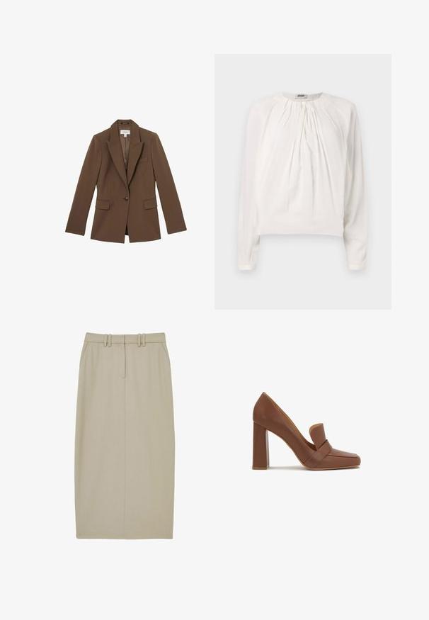 Reiss GABI TAILORED SINGLE BREASTED - Blazer - mink neutral; Blusa blanca de manga larga con cuello redondo y delantero plisado. Tela suave y lisa con un corte holgado y detalle de botones en el cuello.; Falda de lápiz beige hecha de una tela suave, con dos bolsillos frontales, una costura central y una cinturilla con dos pasadores horizontales.; Zapato de tacón alto de cuero marrón con punta cuadrada y una correa ancha en la parte frontal. El tacón es de forma rectangular y sólido.