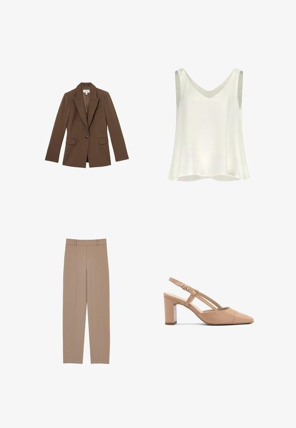 Reiss GABI TAILORED SINGLE BREASTED - Blazer - mink neutral; Weißes ärmelloses Oberteil mit V-Ausschnitt, aus glattem Stoff gefertigt. Es zeichnet sich durch eine lockere Passform und einen abgerundeten Saum aus, die Komfort und Tragefreiheit bieten.; Beige maßgeschneiderte Hose mit geradem Schnitt, ausgestattet mit einem gefalteten Vorderteil, Gürtelschlaufen und dezenten Nähdetails. Glattes, leichtes Material.; Beige Leder Slingback-Absätze mit einer spitzen Zehenform, Blockabsatz und einem Riemen mit einer kleinen goldenen Schnalle. Glatte Textur, minimalistisches Design.