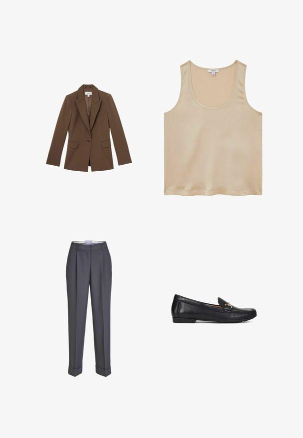Reiss GABI TAILORED SINGLE BREASTED - Bleiseri - mink neutral; Reiss REGULAR FIT - Pusero - neutral; Tummanharmaat räätälöidyt housut, joissa on suora lahjemuotoilu, pleated-etumus ja käännettävät lahkeet. Valmistettu sileästä kankaasta ja varustettu klassisella vyötärönauhalla.; Musta nahkainen loafer, jossa on kultainen metallikoriste, matala korko ja tikattu moc toe -muotoilu, esitetty sivuprofiilissa valkoisella taustalla.