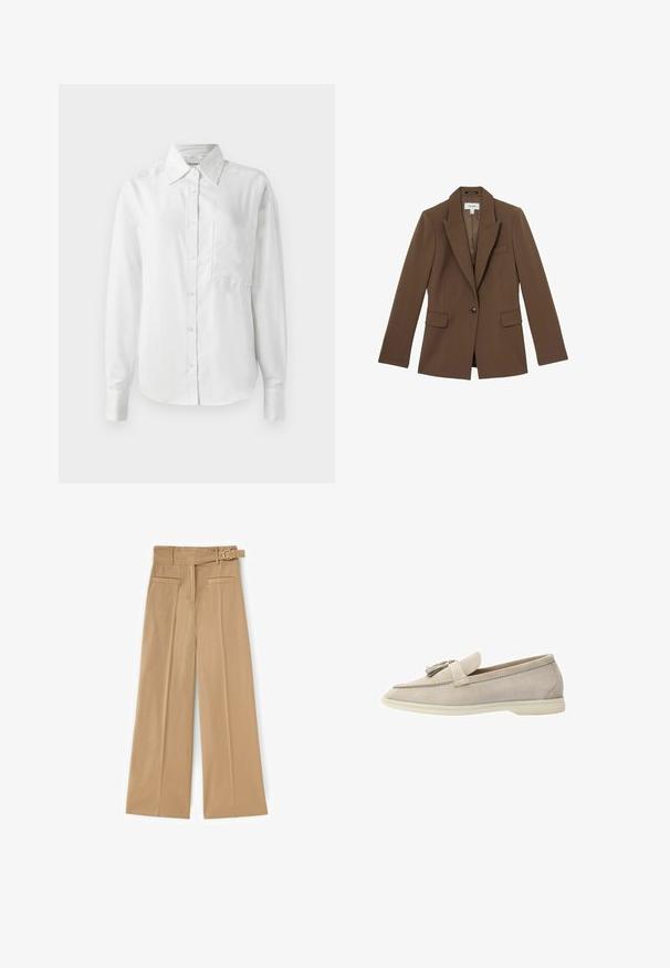 Reiss GABI TAILORED SINGLE BREASTED - Blazer - mink neutral; Hvid langærmet skjorte med knaplukning, lavet af glat stof, har en spids krave, brystlomme og knappede manchetter for et skræddersyet look.; Beige bukser med vide ben og høj talje, sidebælte med spænde, forlommer med læg og to vandrette sømdetaljer ved taljen.; Beige ruskinds loafers med en frynseaccent, der har en glat tekstur, rund tå og en gummisål for fleksibilitet.