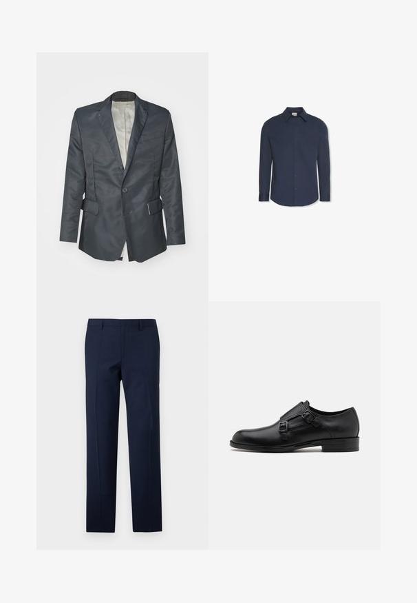 Donkergrijze blazer met een satijnen afwerking, eenknops sluiting, twee voorkantzakken en een lichtgekleurde binnenvoering.; Navyblauw hemd met lange mouwen, knopen, kraag en manchetten, met een Calvin Klein-label aan de binnenkant van de kraag.; Marineblauwe broeken met een getailleerde pasvorm, met een gladde textuur, scherpe plooien en een vlakke voorkant. Verborgen ritssluiting.; Zwarte leren dresschoen met dubbele gespen, slank silhouet en ronde neus. Kenmerkt zich door een lage hak en een gladde textuur.