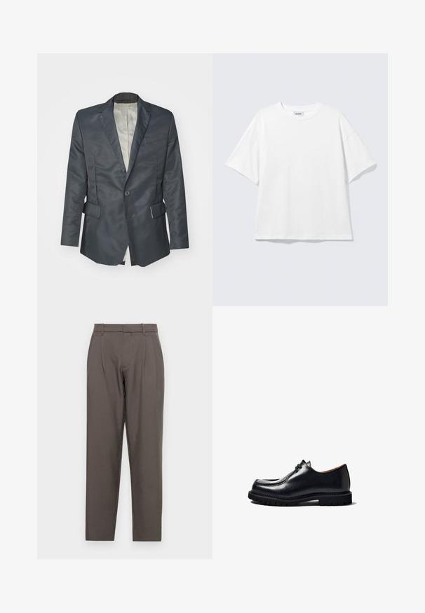 Donkergrijze blazer met een satijnen afwerking, eenknops sluiting, twee voorkantzakken en een lichtgekleurde binnenvoering.; Witte oversized T-shirt met korte mouwen, ronde hals en verlaagde schouders, plat op een lichtgrijze achtergrond.; Jack & Jones Classic Wide Leg Fit - Broek - pavement; Zwarte leren schoen met een ronde neus, vetersluiting, gestikte details en een gestructureerde rubberen zool. Gladde oppervlakte met een glanzende afwerking.