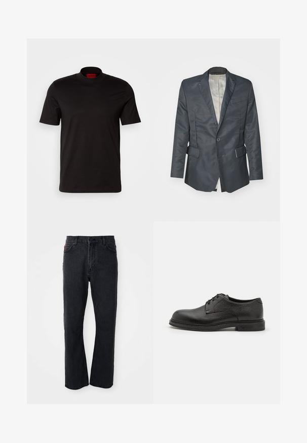 Mørkegrå blazer med satin finish, enkeltknaplukning, to frontlommer og en lys indvendig foring.; Sort kortærmet t-shirt med høj hals design. Fremstillet af glat stof. Har et rødt mærke på indersiden af kraven.; Sorte denim jeans med lige ben-design, høj talje, knaplukning og subtile syninger langs lommerne og sømmene.; Emporio Armani LACED SHOE - Snøresko - nero