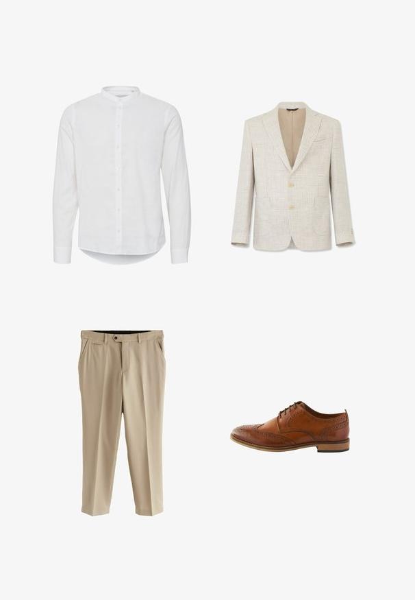 Veste pour homme beige et blanche à motif pied-de-poule avec revers crantés, deux boutons à l'avant, poches plaquées et doublure intérieure beige.; Chemise blanche à manches longues avec un col mandarin, bouton sur le devant et un ourlet légèrement incurvé. Fabriquée en lin léger.; Pantalons beiges en tissu lisse, avec une taille plate, des poches latérales et une seule poche arrière. Taille standard avec fermeture à bouton.; Chaussure brogue en cuir marron avec des perforations détaillées, bout arrondi, design à lacets et semelle en bois marron moyen.