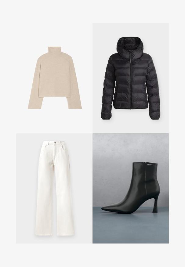 Sort quiltet dunjakke med høj krave, frontlynlås, lange ærmer og lynlåslommer i siden på hvid baggrund.; Beige ribbet turtleneck sweater med lange ærmer og en tætsiddende design, der har en høj krave og et tekstureret strikkemønster.; Hvide vide bukser af denim med knaplukning, bæltestropper og fem-lomme design. Glat overflade med synlig syning.; Sort læder ankelstøvle med spids tå og geometrisk hæl. Har subtil branding og en glat overflade. Baggrunden består af strukturerede fliser.