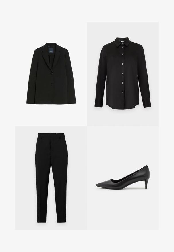 Zwarte op maat gemaakte blazer met inkeping revers, twee knoppen aan de voorkant en lange mouwen, weergegeven op een witte achtergrond.; Zwart overhemd met lange mouwen, knoopsluiting, puntige kraag en zeven knopen, weergegeven op een lichtgrijze achtergrond.; Zwarte broeken met een getailleerde pasvorm, voorzien van zijzakken, een gladde textuur en een slank ontwerp dat naar de enkels toe tapsert.; Zwarte leren pump met spitse neus en een lage hak. Soepele textuur, strakke design en subtiele details bij de hak.