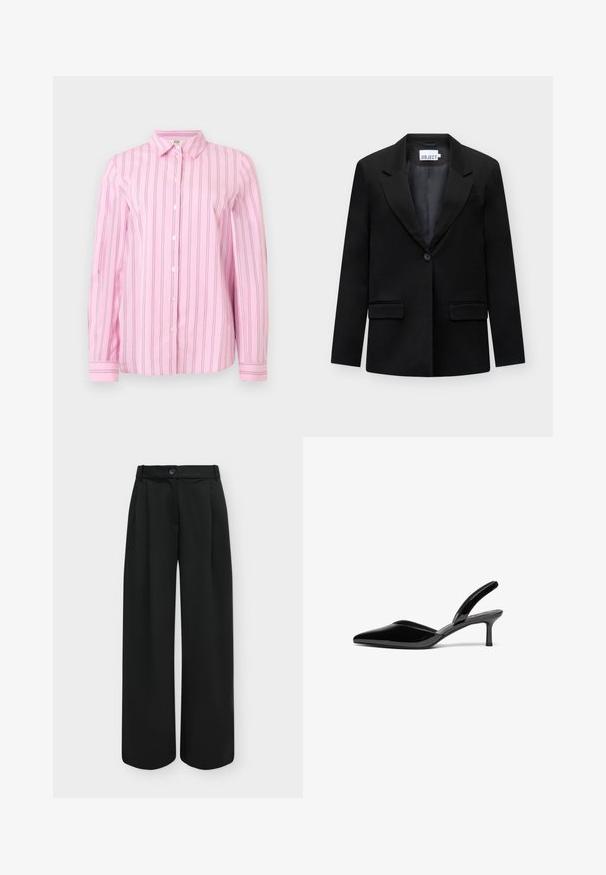 Zwarte blazer met één knoop, met inkepingkraag, twee voorzakken met klep en een borstzak, afgebeeld op een lichte achtergrond.; Roze overhemd met lange mouwen, knoopsluiting, verticale dunne zwarte en witte strepen, klassieke kraag en met knopen sluitende manchetten.; Zwarte, hooggetailleerde, wijde broek met knoop aan de voorkant en verborgen ritssluiting op een effen lichte achtergrond.; Zwarte gepolijste leren slingback hakken met een puntige neus, een lage stiletto hak en een elegant, eenvoudig ontwerp zonder versieringen.