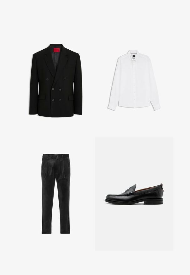 Blazer negro cruzado con seis botones, solapas con muesca, bolsillos de solapa y una etiqueta roja HUGO en el interior del cuello.; Camisa blanca de manga larga con botones, cuello puntiagudo y etiqueta de la marca en el interior del cuello.; Pantalones de terciopelo negro con pliegues frontales, cierre de botón, presillas para cinturón y bolsillos laterales, exhibidos planos sobre un fondo blanco.; Mocasín de hombre de piel negra con costura moc toe, tira penny, cuello texturizado y tacón bajo apilado sobre fondo blanco.
