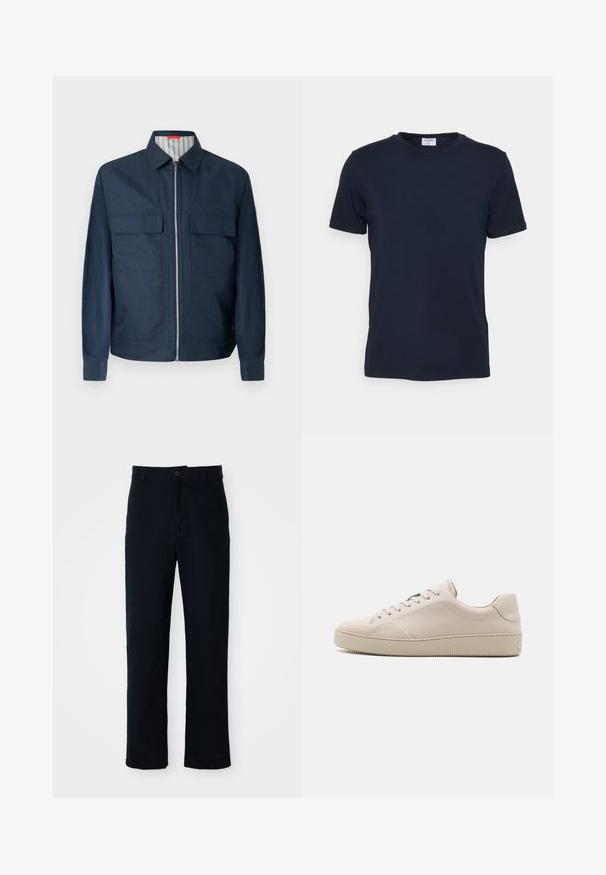 Marineblå lynlåstrøje med skjortekrave, to forlommer med klap, lange ærmer og stribet inderfor synligt ved kraven.; Marineblå crew-neck t-shirt lavet af blødt stof. Korte ærmer med en klassisk pasform, der har et mærke ved halsen. Glat tekstur, minimalistisk design.; Mørkeblå bukser lavet af bomuld, med en lige ben-design, en frontknaplukning og en klassisk talje med bæltestropper.; Beige lædersneakers med en glat finish, rund tå, flad sål og klassisk snøredesign. Subtile syninger og struktureret ydersål.