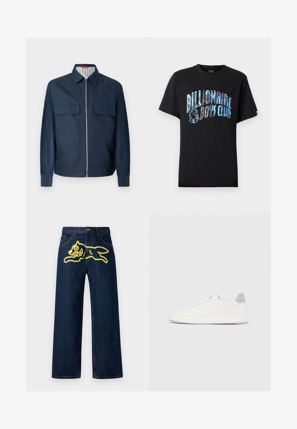 Marineblå lynlåstrøje med skjortekrave, to forlommer med klap, lange ærmer og stribet inderfor synligt ved kraven.; Sort bomuld t-shirt med et blåt og sølvfarvet motiv af "Billionaire Boys Club" med astronautdesign. Kortærmet, rund hals.; Mørkeblå denim jeans med et stort gult grafisk motiv af en springende karakter på baglommen. Lige ben design med standard syninger.; Hvid lavtop-sneaker med gråt hælflig, hvide snørebånd og tekstureret sål, vist på en ensfarvet lys baggrund.